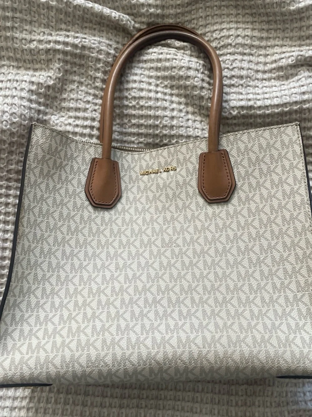Michael Kors Beige Signature MK Tote with Brown Leather Handles